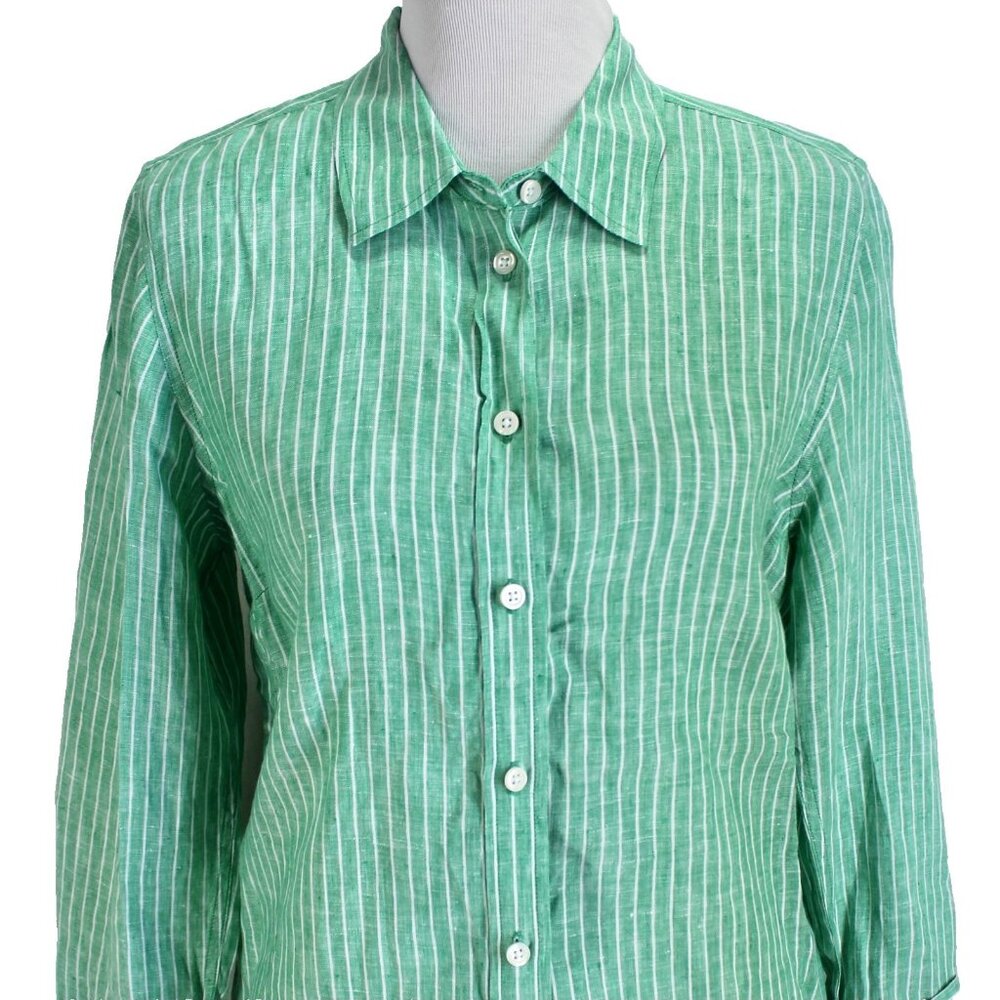 Talbots Linen Shirt Womens Size M Green White Stripe Long Sleeve Button Front - Picture 2 of 8